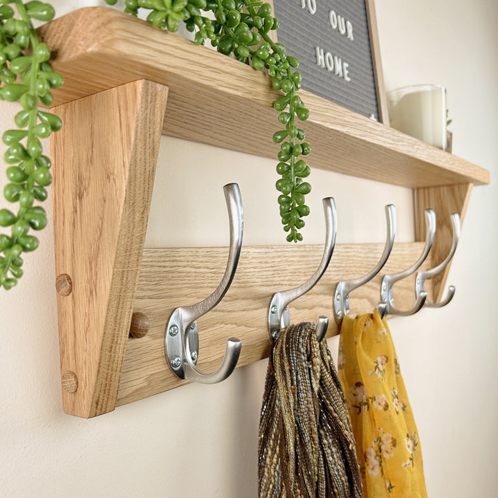 Oak coat rack with shelf - satin brushed steel hooks