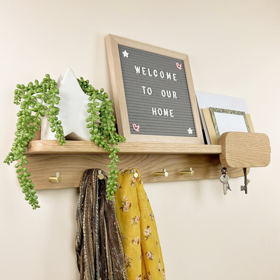 Solid Oak Hallway Organiser Mail Storage Key Holder Shelf