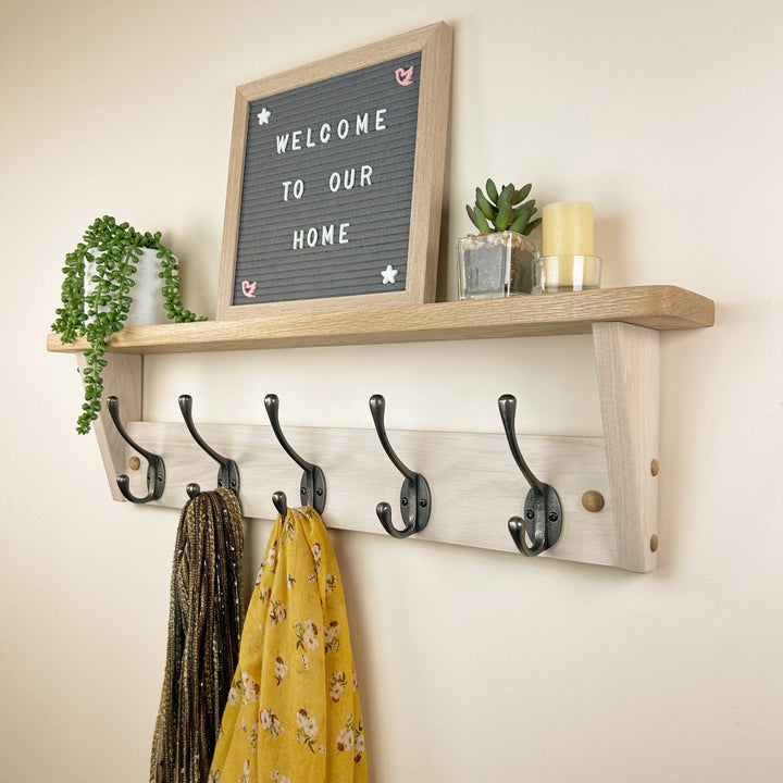 Hand-dyed oak rack with shelf - polished cast iron double hooks