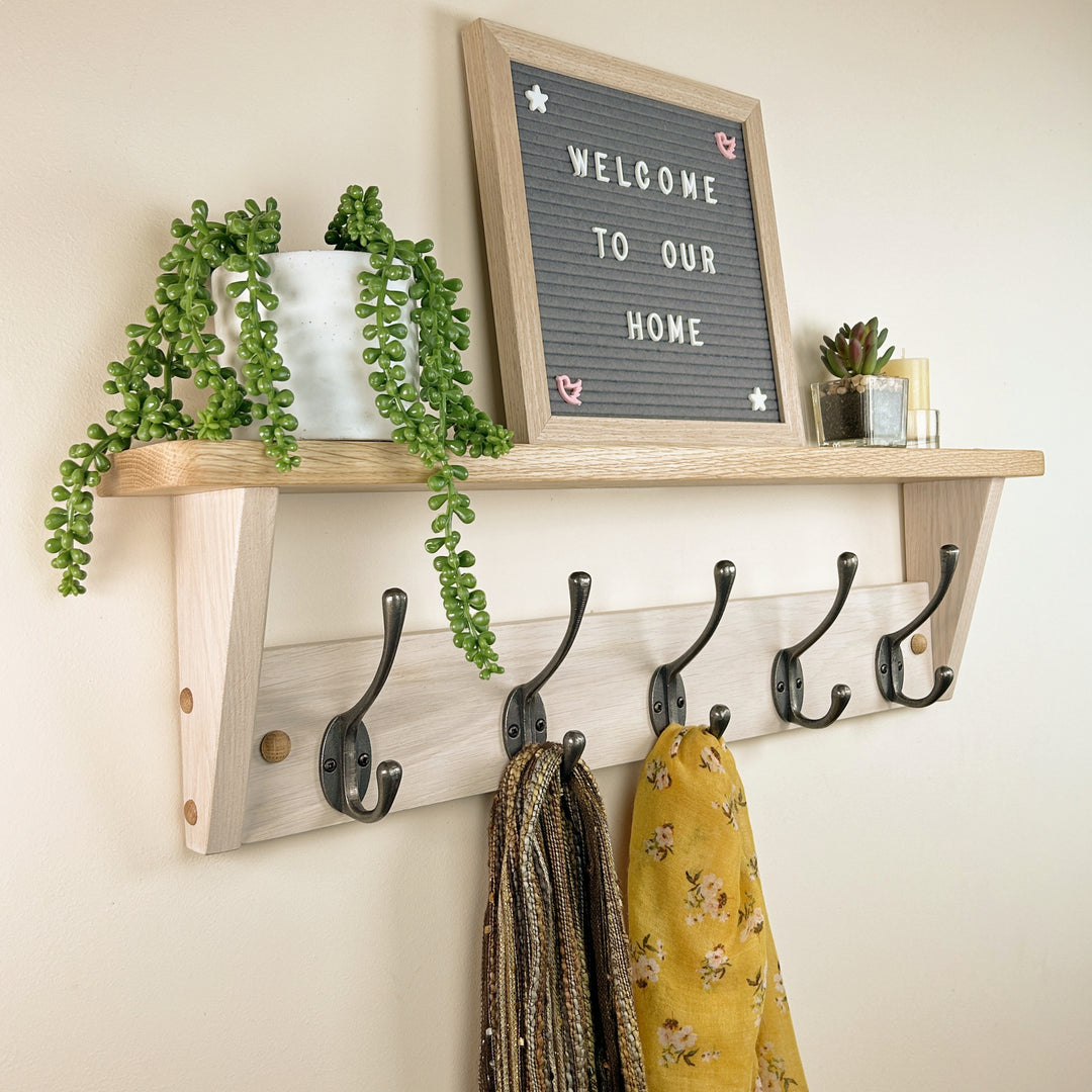 Hand-dyed oak rack with shelf - polished cast iron double hooks