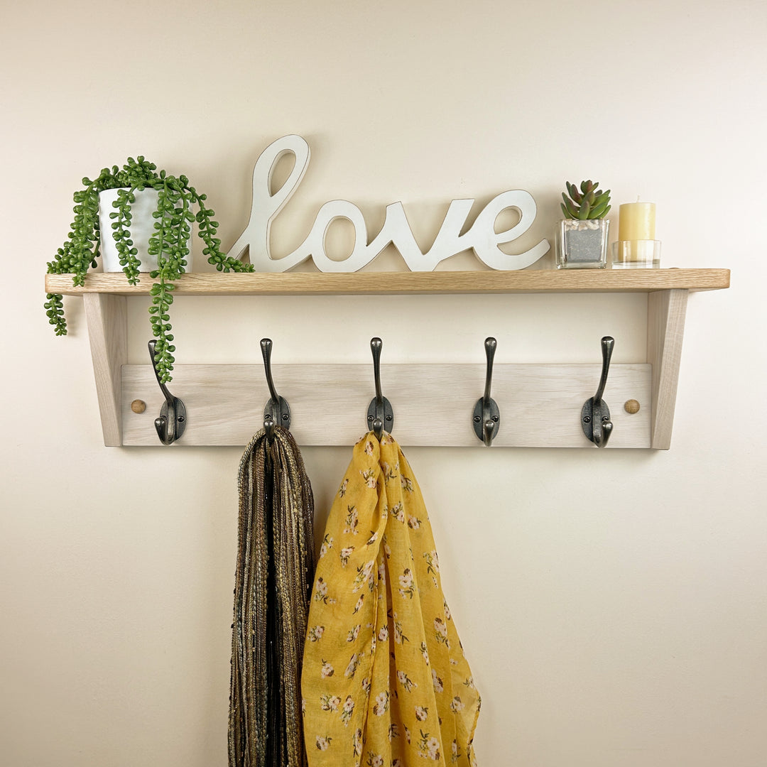 Hand-dyed oak rack with shelf - polished cast iron double hooks