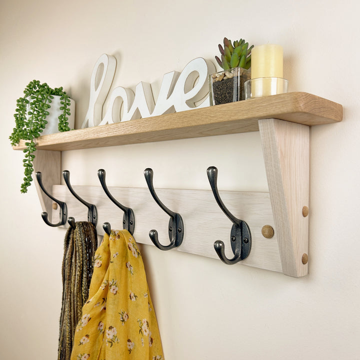 Hand-dyed oak rack with shelf - polished cast iron double hooks