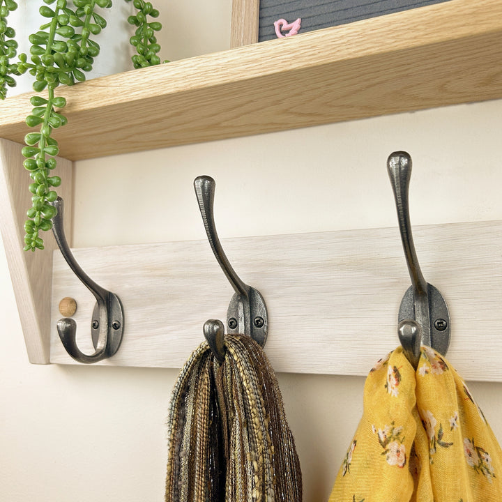 Hand-dyed oak rack with shelf - polished cast iron double hooks