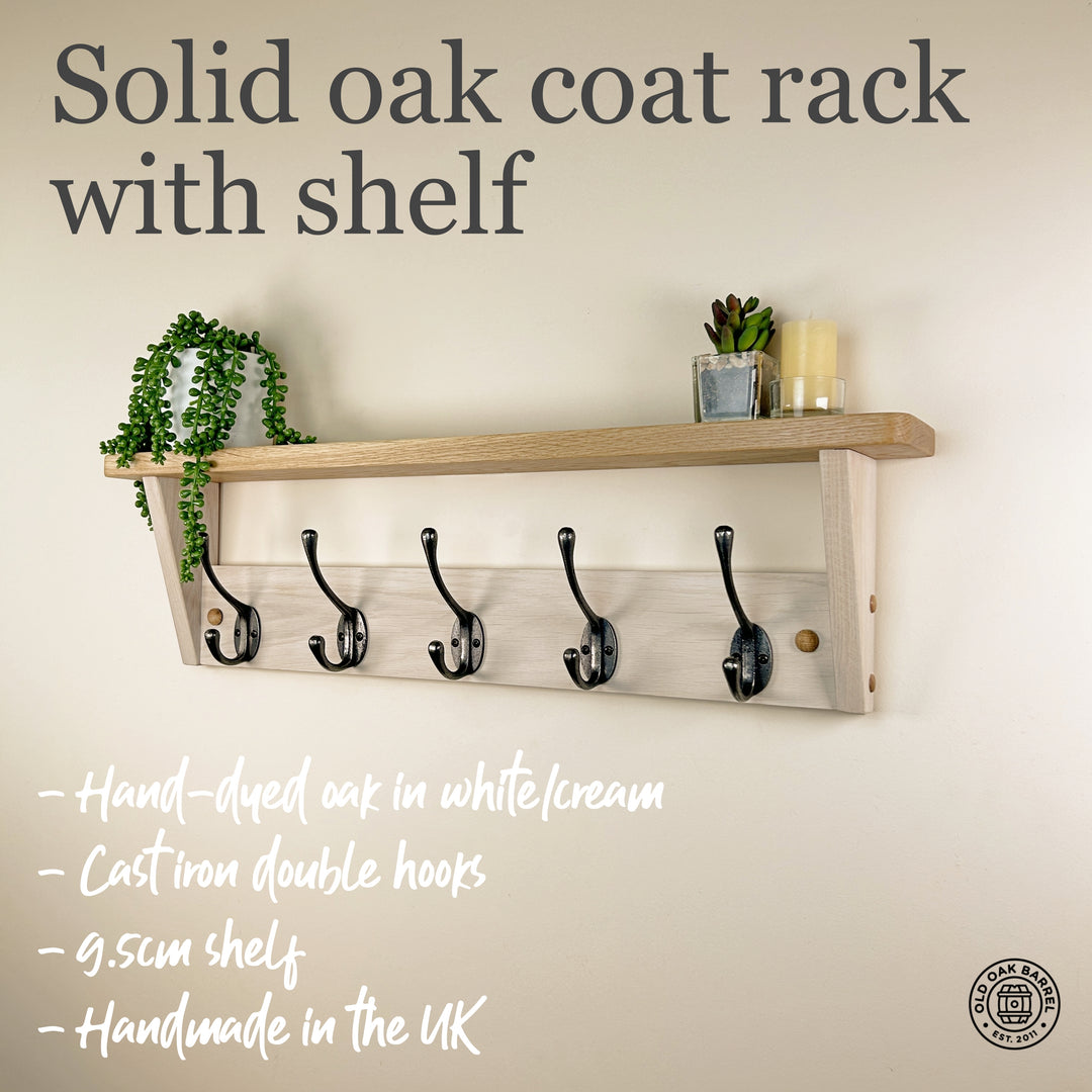 Hand-dyed oak rack with shelf - polished cast iron double hooks