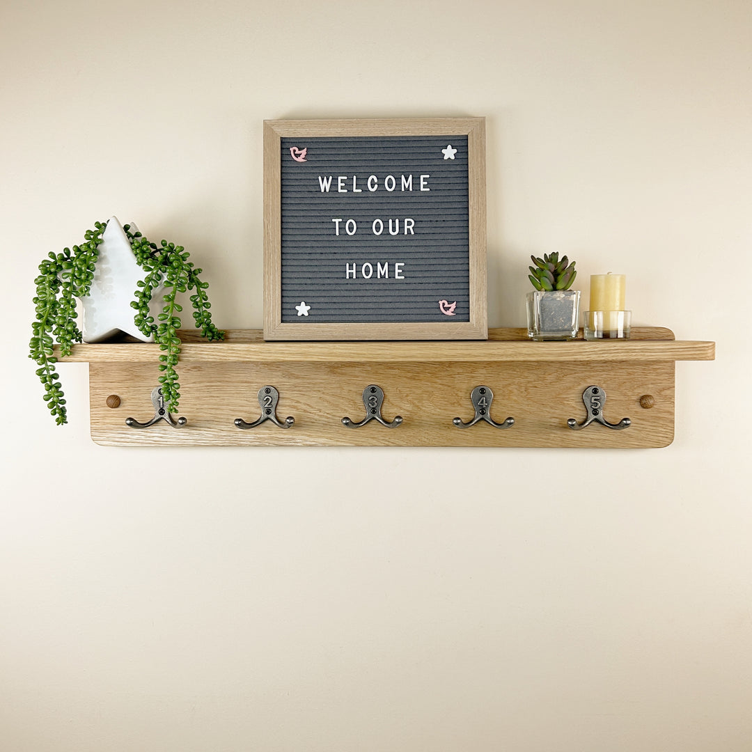 Oak Coat Rack with Integrated Shelf Cast Iron Numbered Hooks