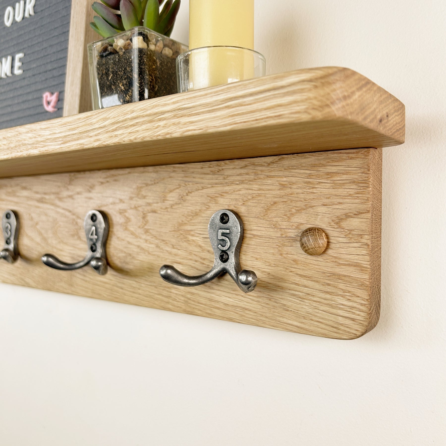 Oak Coat Rack with Integrated Shelf - 5 Cast Iron Numbered Hooks – Old ...