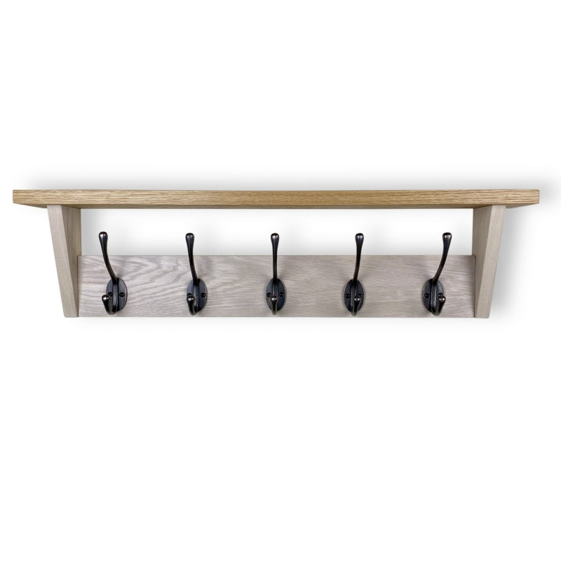 Hand-dyed oak rack with shelf - polished cast iron double hooks