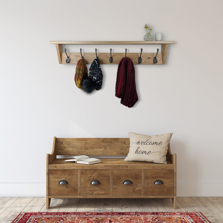 Oak coat rack with shelf - polished cast iron double hooks
